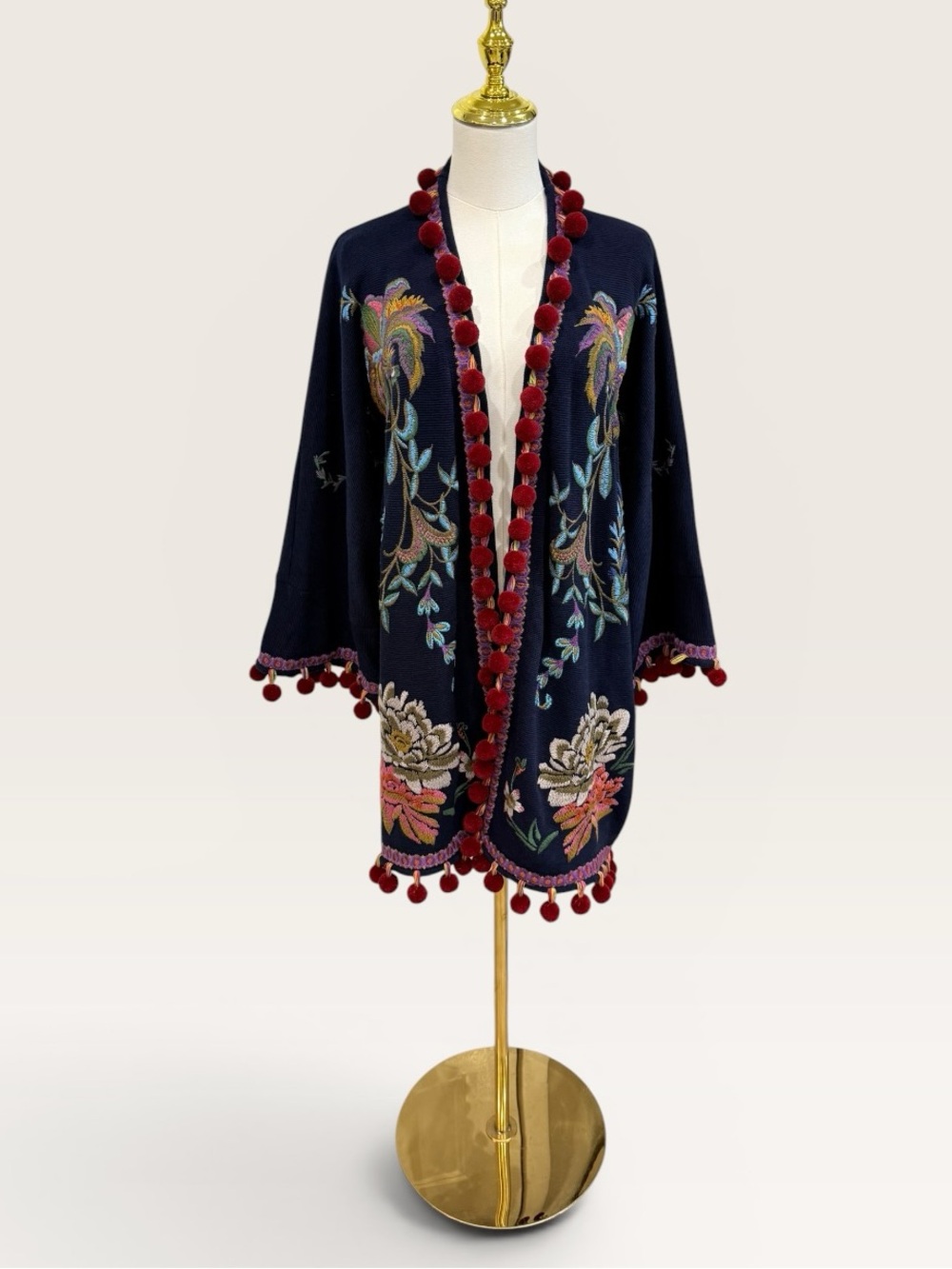 Johnny Was XXL Jurrah Jacket Kimono Embroidered Pom Pom Cardigan Navy NWT $460